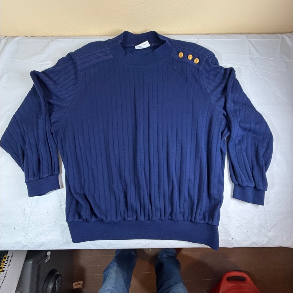 Alfred Dunner Blue Ribbed Sweater with Gold Buttons